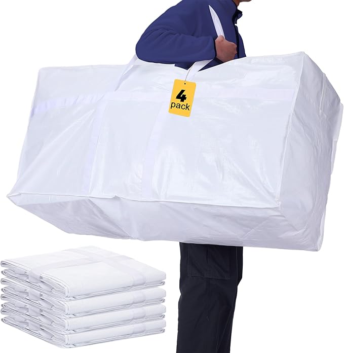 4 Pcs 66 Gallon Extra Large Moving Bags Heavy Duty Storage Bag with Strong Zipper Handle Foldable XXL Jumbo Storage Tote Packing Moving Box for College Dorm Travel Cloth Duffle (White)