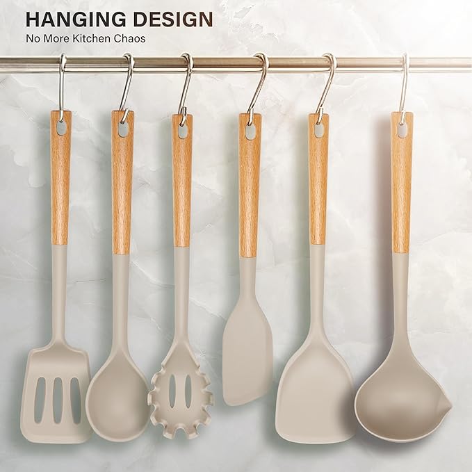 Hvygss Silicone Cooking Utensils Set, Heat Resistance Large Kitchen Utensils Set with Long Wooden Handle, BPA-free Silicone Spatula, 6 Pcs Cooking Spoons for Non Stick Frying Pans and Pots(Khaki）