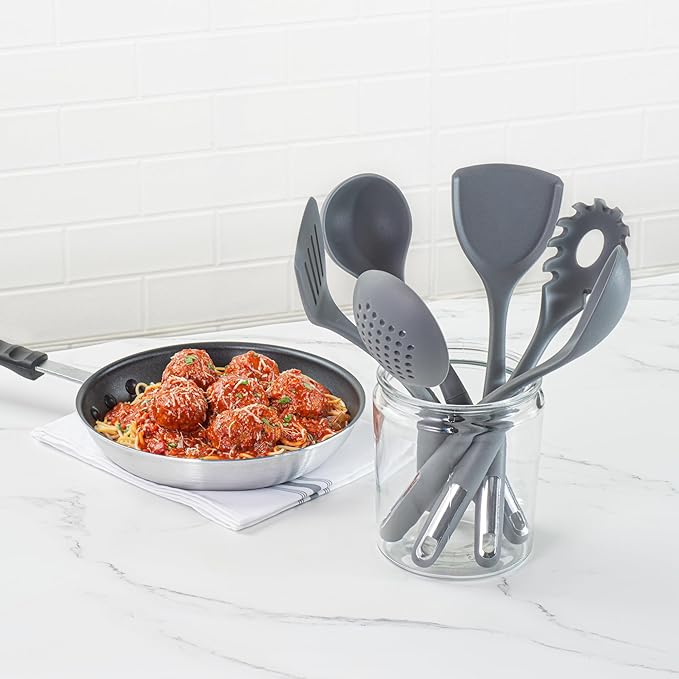 Restaurantware Silicone Utensil Set Pack of 1 Non-Slip Handle 6-Piece Kitchen Tool Set, Heat-Resistant Dishwasher-Friendly Cooking Accessories, Durable Gray Cooking Utensils