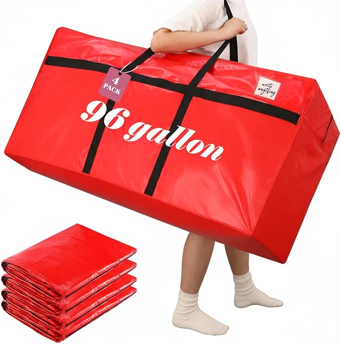 4 Pcs 96 Gallon Extra Large Moving Bags Heavy Duty Storage Bag with Strong Zipper Handle Foldable XXL Jumbo Storage Tote Packing Moving Box for College Dorm Travel Cloth Duffle (Red)