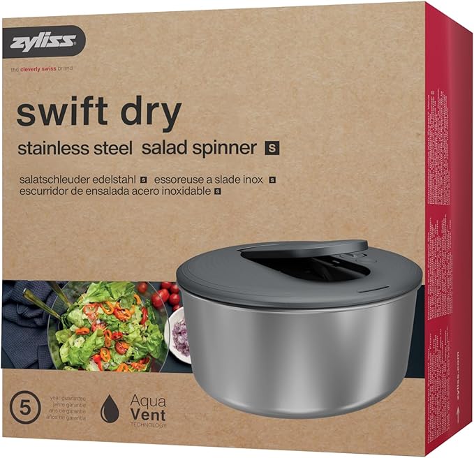 Zyliss Swift Dry Stainless Steel Salad Spinner - Fruit Cleaner & Lettuce Spinner with Push Pump - Non-Slip Bowl - Dishwasher Safe - Small