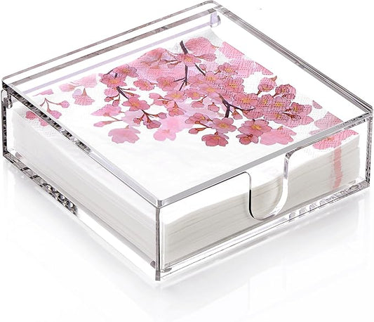 DINGHUO Acrylic Napkin Holder, 7"x 7"x 2.4" Flat Luncheon Napkin Dispenser with Lid, Clear Flip-top Waterproof Paper Napkin Container Organizer for Table, Kitchen, Indoor & Outdoor, Bathroom Vanity