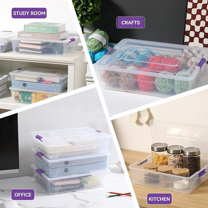 novelinks Clear Stackable Storage Bins with lid Storage Boxes Durable Plastic Organizer Containers for Home Office, Kitchen, Craft Supplies (10 Quart 4 Pack Purple)