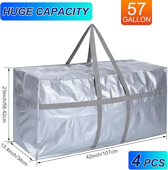 Windyun 4 Pack 57 Gallon Extra Large Moving Bags XXL Heavy Duty Storage Bag with Strong Zipper Handle Jumbo Big Tote Box Foldable for College Dorm Travel Clothes Duffle Blanket Pillow(Silver)
