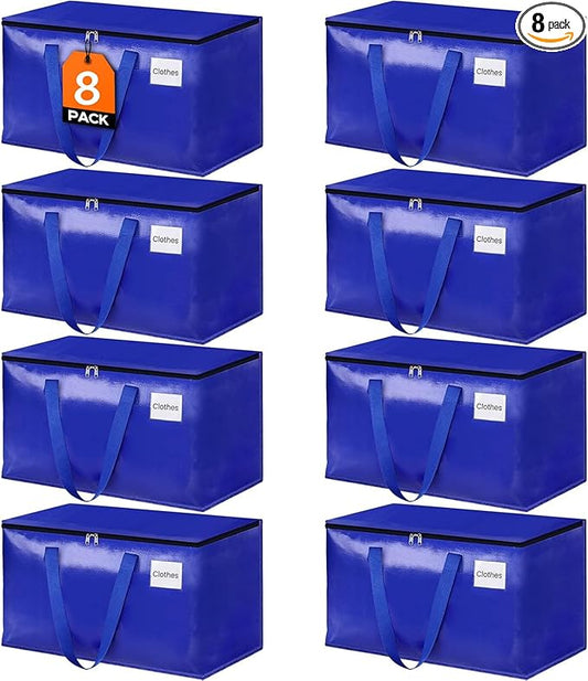 HomeHacks Moving Bags, 8-Pack Heavy Duty with Strong Zippers and Handles Collapsible Moving Supplies, Storage Totes for Packing & Moving Storing 93L-8 Pack (Blue)
