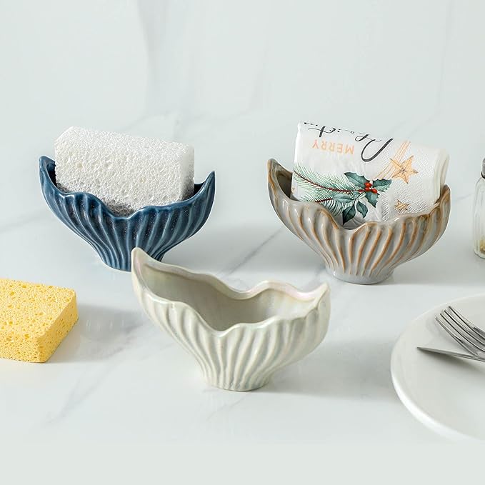 Sponge Holder for Kitchen Sink, Ceramic Sponge Holder with Fishtail Design, Sink Sponge Holder Caddy Organizer for Countertop, Farmhouse Kitchen Decor, Compact Kitchen Sponge Holder(Grey)