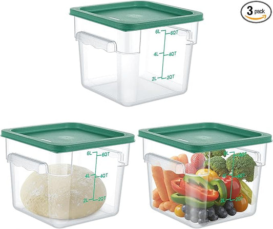 3 Sets 6 Qt Square Food Storage Containers with Lids Dough Proofing Bucket Commercial Polycarbonate Containers with Scale Clear Airtight Cereal for Pantry Home Restaurant (Green)