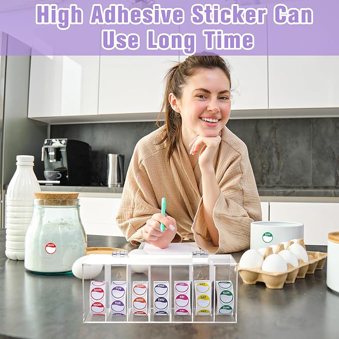 3500 PCS 7 Days of The Week Stickers 1 Inch Sticker Roll Dispenser Holder Acrylic Day Dot Dispenser Food Date Labels Stickers Monday to Sunday for Kitchen Restaurant Expiration Date