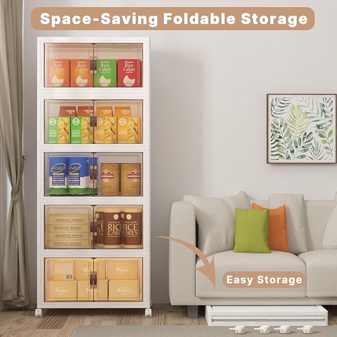 Extra Large Stackable Storage Bins with Lids & Wheels, 600QT-120QT/30GAL*5Pack Foldable Collapsible Closet Organizers Storage Cabinet with Doors for Bedroom Dorm
