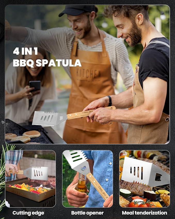 Coralogo 4PCS Grilling Accessories BBQ Tools - Stainless Steel Grill Set with Tongs, Fork, Spatula, Brush, Carrying Bag, Valentines Day & Birthday Gift for Men, Father, Husband