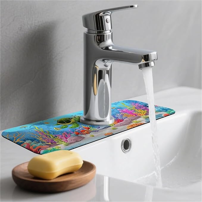 Kitchen Sink Splash Guard，cartoon sea turtle crab fish Faucet Mat Sink Gadgets-Super Absorbent Fast Drying Mat Drip Catcher for Kitchen, Bathroom,Sink Mat, Dish Drying Mat, Bathroom(15" X 5.5" )