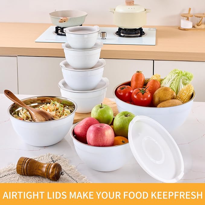 Moxinox White Mixing Bowls with Airtight Lids, Stainless Steel Nesting Mixing Bowls Set of 7, Ideal for Baking, Prepping and Serving Food, Size 7, 3.6, 2.7, 2.1, 1.5, 1.1,0.8 QT, Stackable Design