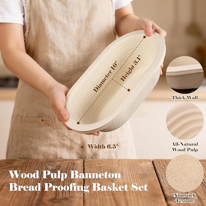 Non-Stick 10" Oval Wood Pulp Banneton Bread Proofing Basket Set Of 2 With Aliquot Jar, Sourdough Banneton Basket Set, Bread Making Tool Brotform Sourdough Bread Baking Supplies
