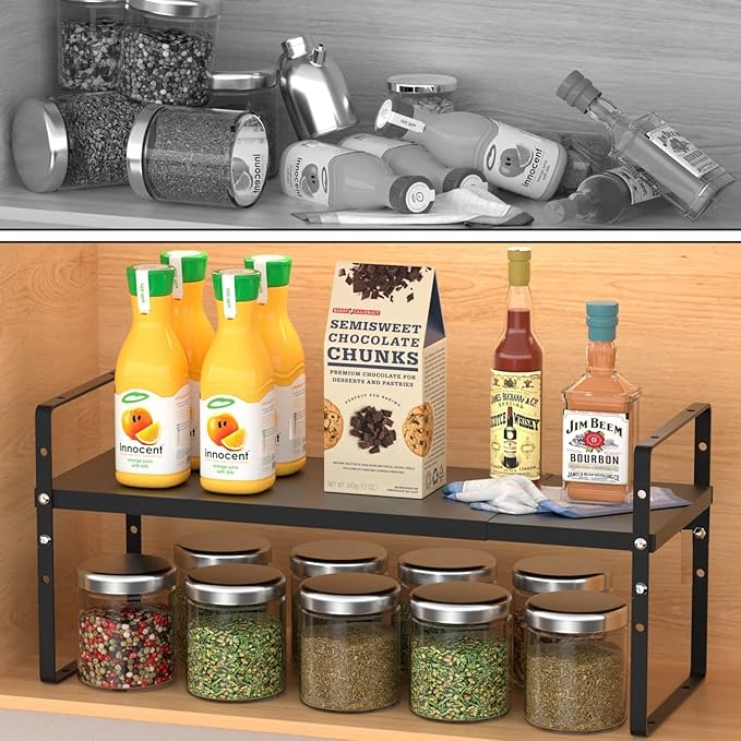 Jojocross Expandable Stackable Spice Rack Cabinet Shelf Organizer in Cabinets Shelves Kitchen Cupboard Organization Stack up Racks Pantry Countertop Storage Medium/Black 1 Pack