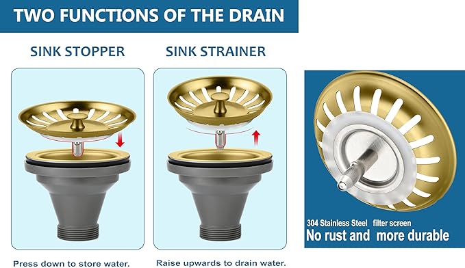 Black/Gold/Chrome Kitchen Sink Drain Assembly Replacement Kit,for Standard 3-1/2 Inch Kitchen Sinks,with Removable Basket Strainers Stopper Plug, with 1-1/2 Lock Nuts,Nicmondo (Gold)