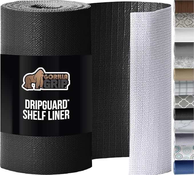 GORILLA GRIP DripGuard Shelf Liner, Non Adhesive Drawer and Kitchen Cabinet Protector, Slip Resistant BPA Free Smooth Surface Plastic Liners for Cabinets, Bathrooms, Closets, 12x120 Inch, Black