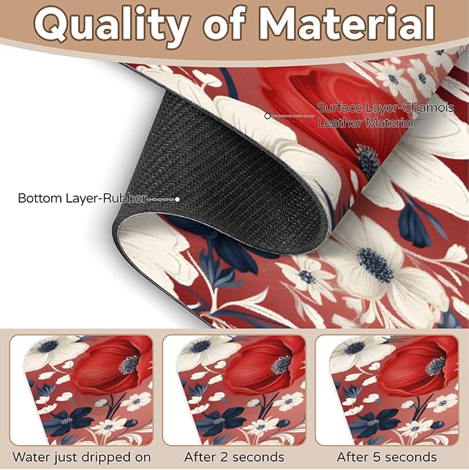 Red White Floral Bliss Kitchen Faucet Mat Splash Guard, 15.4”x5.7” Absorbent Quick Drying Sink Mat for Countertop Protection, Draining Mat Sink Protectors For Kitchen Bathroom, 2 Pack