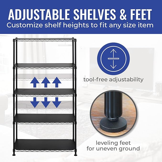 SafeRacks - NSF Certified Storage Shelves, Zinc, Heavy Duty Steel Wire Unit with Adjustable Feet, Garage or Bakers Rack, Kitchen, Pantry Shelf - (14"x30"x60" 5-Tier) (Black)