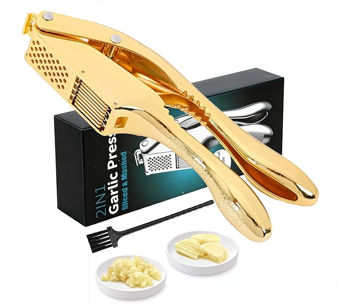 Garlic Press and Slicer 2 in 1, Rust Proof & Dishwasher Safe Professional Garlic Mincer Tool, Effortlessly Crush and Mince Garlic with this Ergonomic Handle-Garlic Slicer & Brush ANCQMI(Gold)