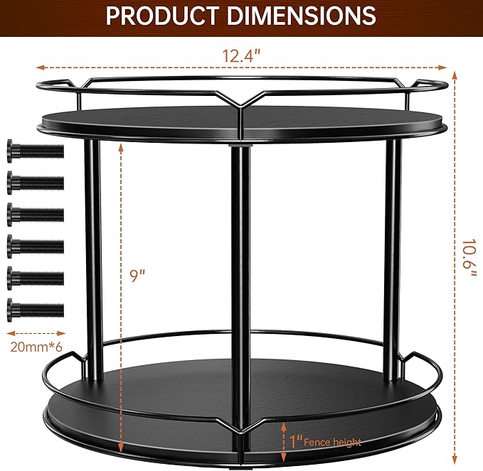 MUTUALUS Lazy Susan Organizer 2 Tier - 12.4" Turntable Spice Rack for Table Top, Wooden Rotating Lazy Susan for Cabinet Pantry Kitchen Countertop Dining Table Cupboard Bathroom Vanity Storage(Black)