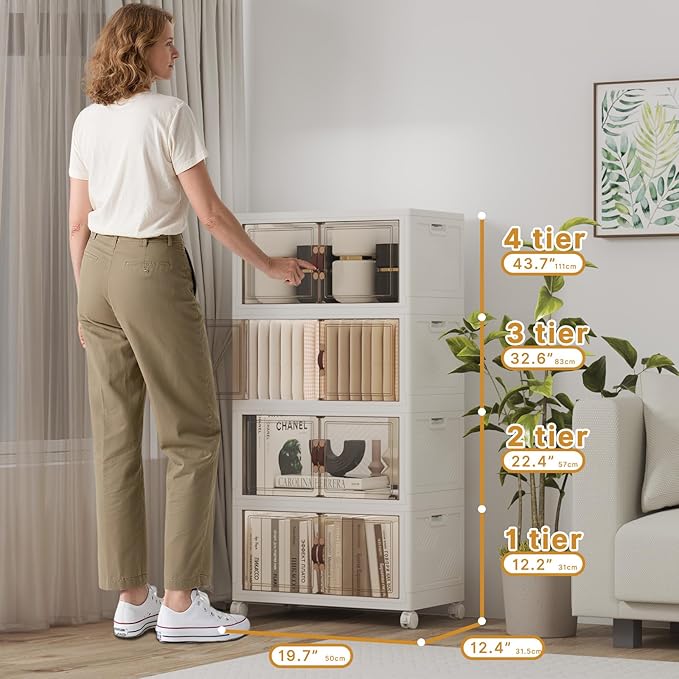 Extra Large Stackable Storage Bins with Lids & Wheels, 220QT-55QT/14GAL*4Pack Foldable Collapsible Closet Organizers Storage Cabinet with Doors for Bedroom Dorm