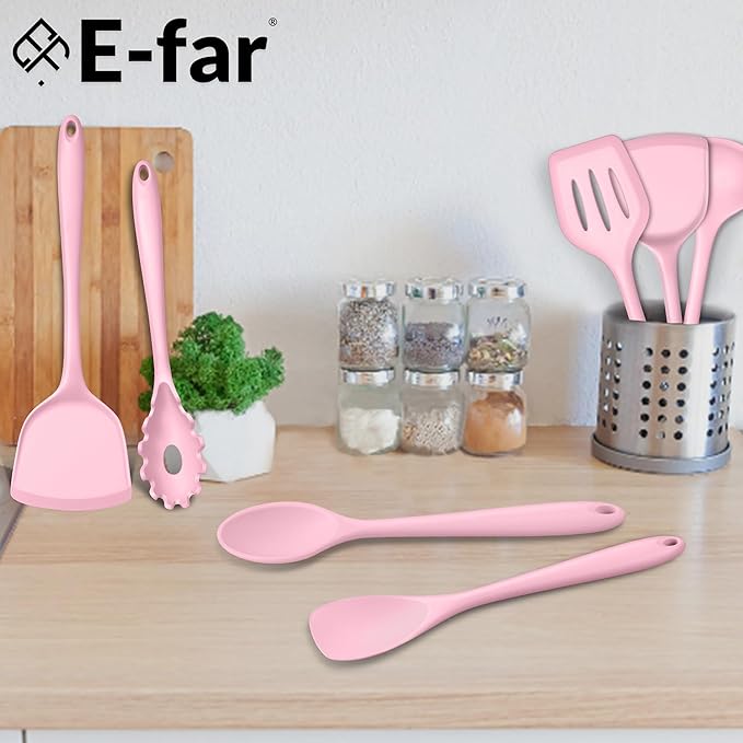 E-far Pink Silicone Cooking Utensils Set, 10-Piece Kitchen Utensil Set for Nonstick Cookware, Silicone Kitchen Tools with Spatula Turner Spoon Tongs Whisk, Heat Resistant & Non-Toxic, Dishwasher Safe