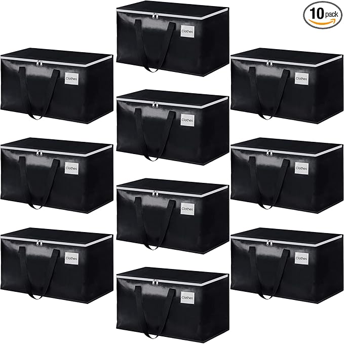 StorageRight Heavy Duty Moving Boxes-Moving Bags with Zipper, Reinforced Handles and Tag Pocket-Collapsible Moving Supplies-Totes for Storage Great for moving, Storage and Travel 93L(Black-10 Pack)