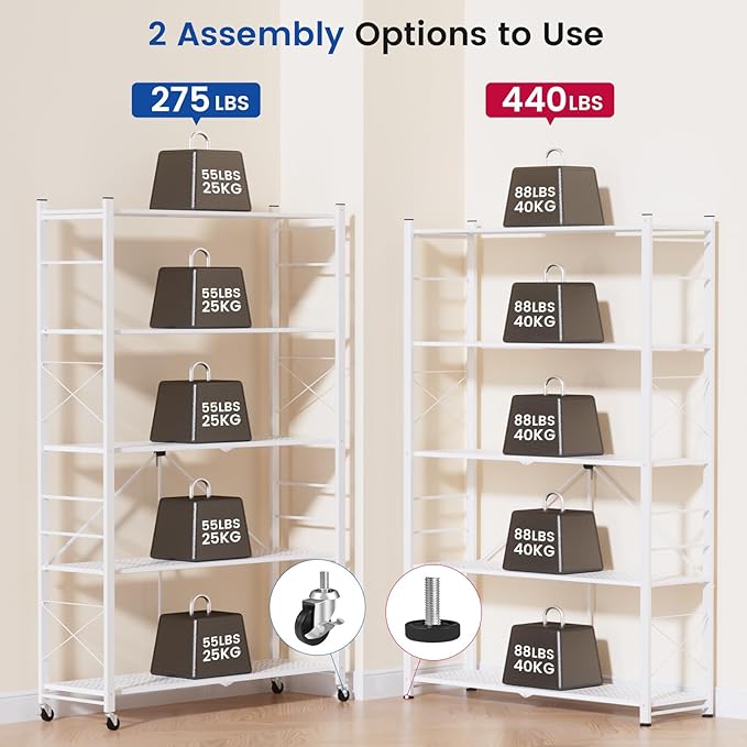 ALANNG 40" W Foldable 5-Tier Storage Shelves with Wheels, Adjustable & Removable Metal Rack, Heavy Duty Rolling Organizer for Kitchen, Garage, Closet, Pantry, and Office (White,4 Pack)