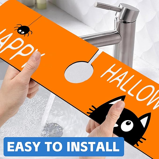 Halloween Cute Black Cat Kitchen Sink Splash Guard Mat Absorbent Fast Drying Mat Faucet Draining Mat Sink Splash Guard Behind Faucet Drip Catcher for Kitchen Bathroom 5.5"×24"