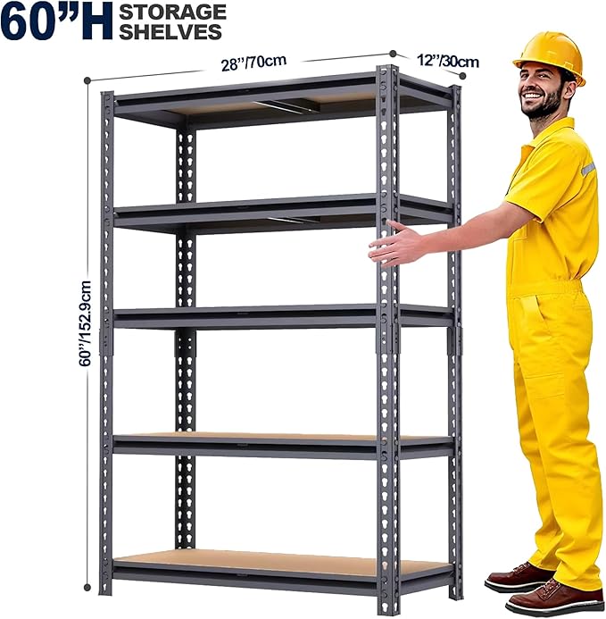 60'' H Garage Storage Shelves,2 PCS Shelving Units and Storage,2400 LBS Heavy Duty Shelving, Ajustable Garage Shelving,5 Tier Metal Shelves Basement, Warehouse