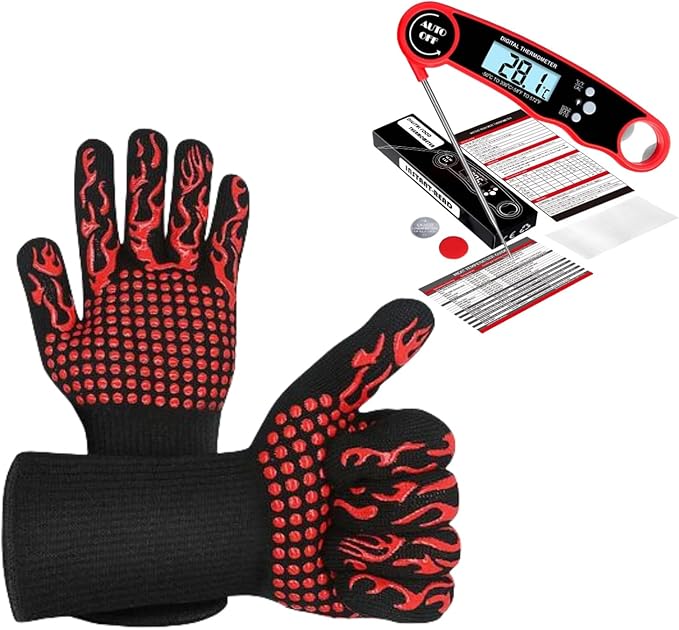 BBQ Gloves, Heat Protection Grilling Gloves Kitchen Gloves Up to 1472°F+ Meat Thermometer Probe Auto-Off for Barbecue,Grill,Cooking, Baking, Cutting
