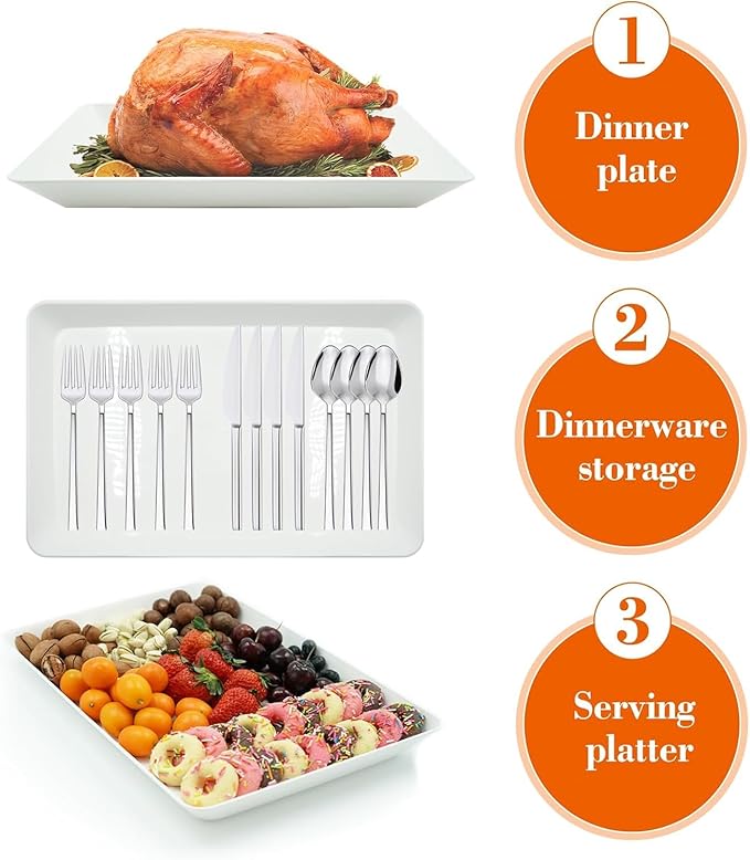 AMGBZT Serving Tray Platter, 4 Pack Food Tray for Veggie Fruit Snack Dessert Cookie Cheese, Food Trays for Party Supplies Display, Plastic Platters for Serving Food, Large White Trays, BPA Free
