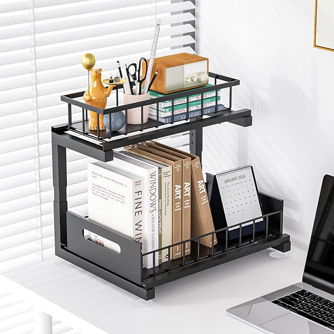 Toyear Under Sink Organizer, Heavy Duty Metal Pull Out Cabinet Organizer Slide Out Sink Shelf Organizer Height Adjustable, Multi-Purpose Storage Shelf for Kitchen Bathroom(Black,1Pack)