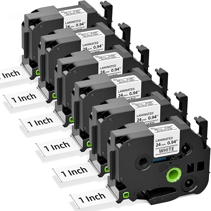24mm 0.94 TZ Tape Compatible with Brother TZe-251 P Touch Label Maker Tape 1”Laminated Black on White for Ptouch PT D610BT P710BT D600 700 P750W E510VP E560BTVP Refills, 24 mm x 8m, 6-Pack