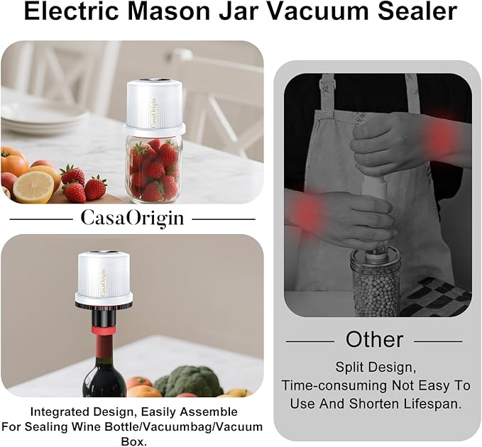 Electric Mason Jar Vacuum Sealer Kit for Wide & Regular Mouth Jars, Automatic Jar Sealer for Canning and Food Storage, Includes Lids & Vcuum Bags