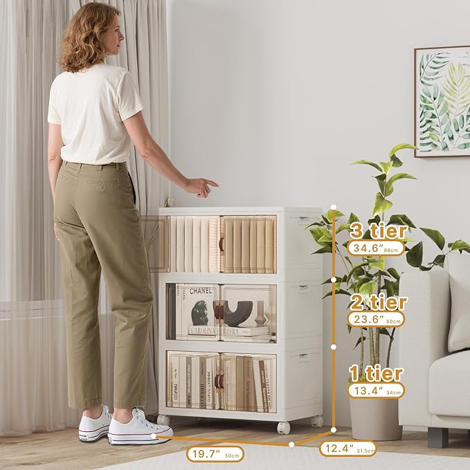 Extra Large Stackable Storage Bins with Lids & Wheels, 165QT-55QT/14GAL*3Pack Foldable Collapsible Closet Organizers Storage Cabinet with Doors for Bedroom Dorm