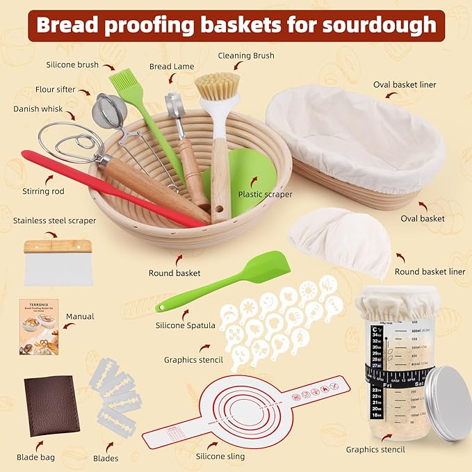 Terronix Bread proofing baskets for sourdough 19-Piece Set ，9" Round & 10" Oval Sourdough basket，Sour dough tools，Including bread pull ring, dough mixer,Complete Sour dough starter kit