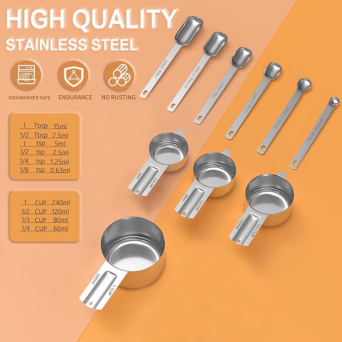 Minteem Stainless Steel Measuring Cups & Spoons Set for Cooking and Baking, Nesting Measuring Cups Measuring Spoons for Measuring Dry or Liquid Ingredients, Kitchen Gadgets, 10Pack