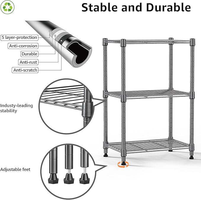 450 lbs Steel Storage Shelving 3-Tier Utility Shelving Unit Steel Organizer Wire Rack for Home,Kitchen,Office (11.8" D x 17.7" W x 26.3" H) | 450 lbs, for Home, Kitchen, Office