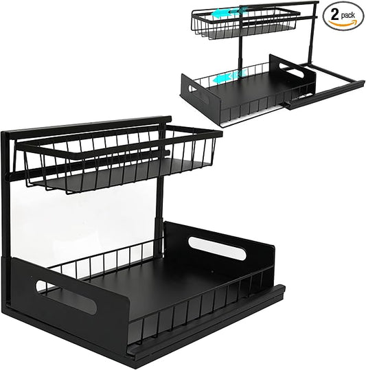 Under Sink Organizer 2-Pack – Pull Out Sliding Storage Rack, L-Shaped Design for Kitchen & Bathroom Cabinet, Heavy-Duty Steel, Easy Install, Black