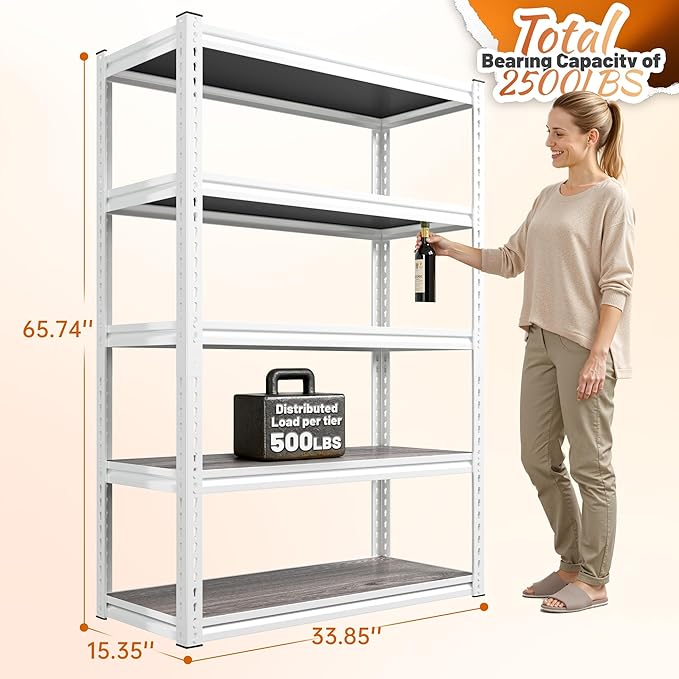 REIBII 5 Tier Storage Shelves, 2500LBS Adjustable Metal Shelving Unit, White Shelves for Pantry, Kitchen, Garage, Warehouse, 65.74" H x 33.85" W x 15.35" D, White