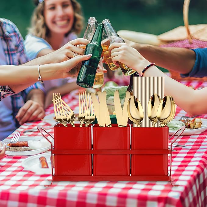 NelyBet Kitchen Utensil Holder for Countertop - Outdoor Silverware Caddy, Picnic and Camping Utensil Organizer, Flatware Holder for Party Gatherings, Metal and Durable Design (Red)
