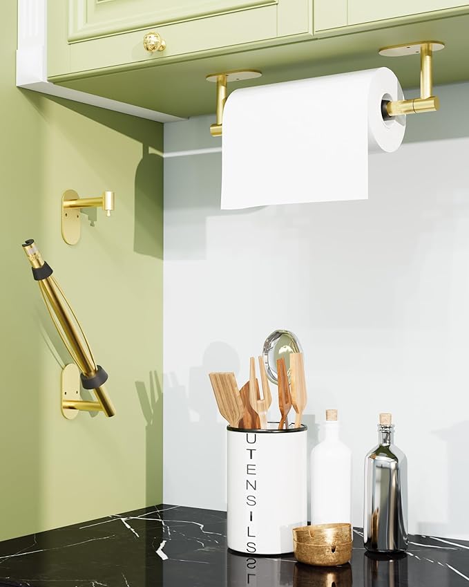 BATHDANCE Paper Towel Holder Under Cabinet, Single Hand Operable Roll Holder with Damping Effect,No Drilling or Wall Mounted SUS304 Stainless Steel for Kitchen Bathroom (Brushed Gold)