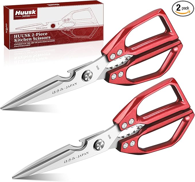 Huusk kitchen Scissors Set Red - Japanese kitchen Shears, Heavy Duty Poultry Shears, Sharp Meat Scissors for Food, Chicken Bones, and Turkey, Christmas Gifts for Women Men