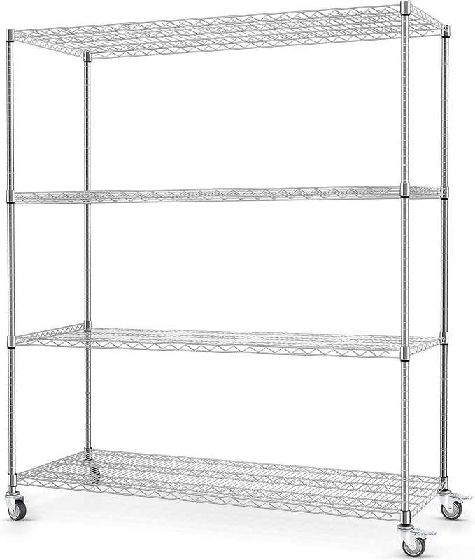 Rengue 60"x 24"x72"Wire Shelving with Wheels, 4-Tier Heavy Duty Garage Storage Shelves, Chrome 2400LBS Capacity Wire Shelf Rack, Silver