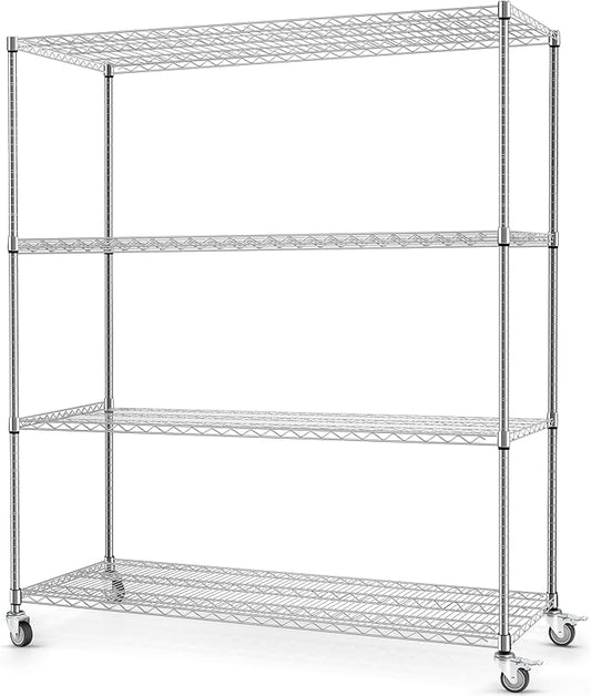 Rengue 60"x 24"x72"Wire Shelving with Wheels, 4-Tier Heavy Duty Garage Storage Shelves, Chrome 2400LBS Capacity Wire Shelf Rack, Silver