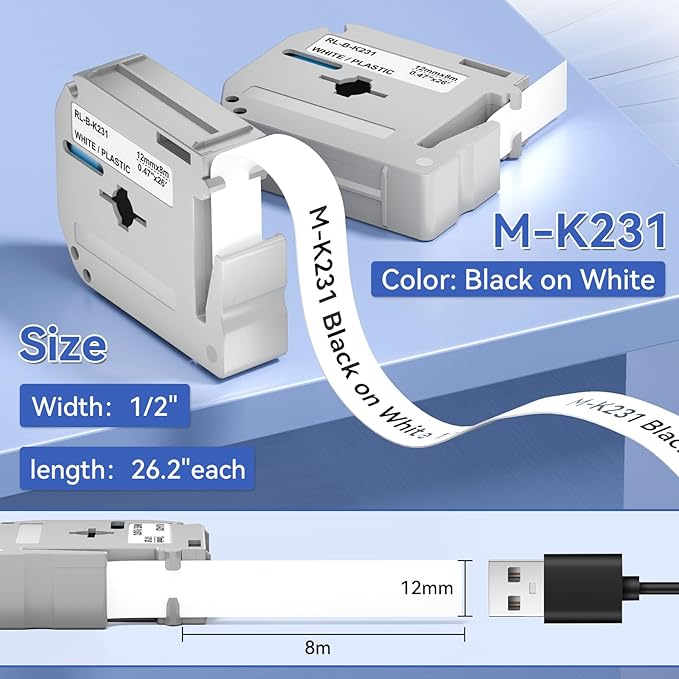 M-K231 Label Tape Compatible with Brother M Tape P Touch 12mm 0.47 White, M-K231s MK231 M231 for Brother PT-M95 PT-70BM PT-90 PT-85 PT65 45 P-Touch Label Maker Refills 0.47''*26.2'