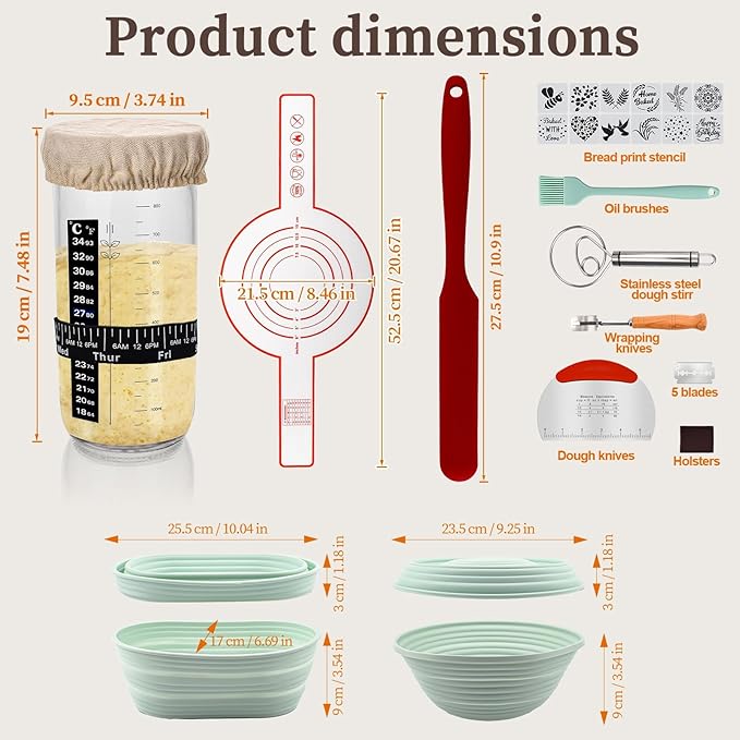Clakioom Banneton Bread Proofing Basket Sourdough Starter Kit, 34oz Sourdough Jar, 2 Silicone Proofing Bowls, Bread Sling Mat, Silicone Spatula, Dough Whisk, Complete Bread Making Kit (GREEN)