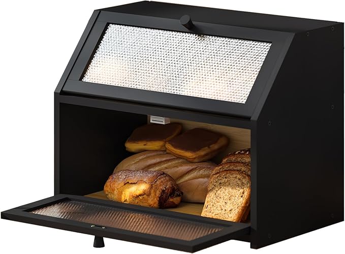 STDDRE Bread Box for Kitchen Countertop Bin Double Layer Bread Box Storage Container Extra Large Capacity Farmhouse with Diamond Pattern Windows (Black, Large)