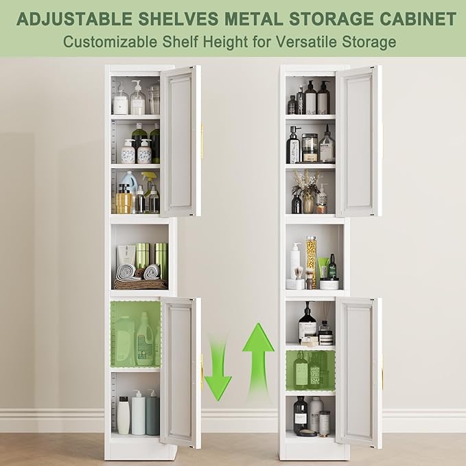 pozdeg 67" Tall Narrow Storage Cabinet Metal Bathroom Cabinet with 2 Doors & 4 Adjustable Shelves, Standing Pantry Cabinets Cupboard for Kitchen, Dining Room, Living Room and Bathroom (White)